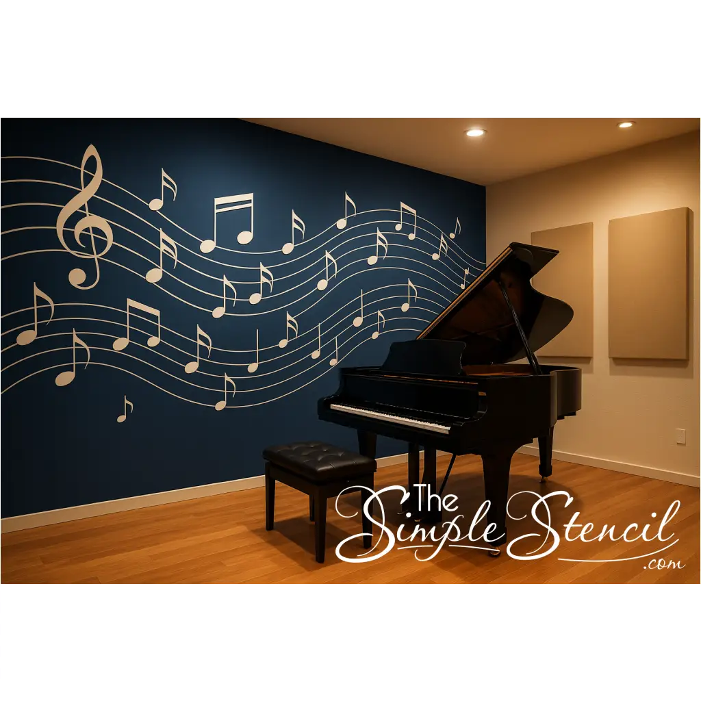 Music room with a grand piano and musical notes arranged in a flowing wave pattern across a deep blue wall