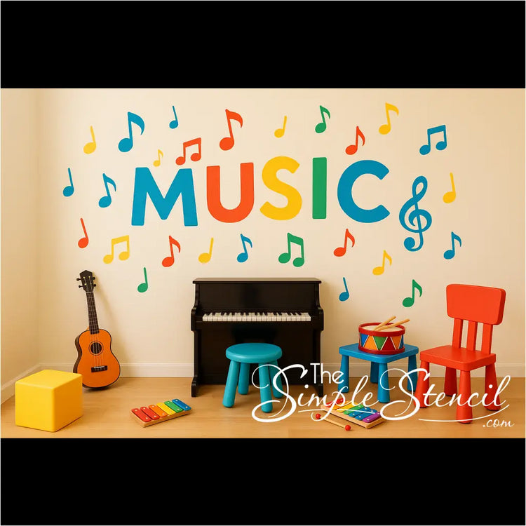 Child's music practice room with colorful musical notes arranged to spell "MUSIC" on the wall with additional notes scattered around