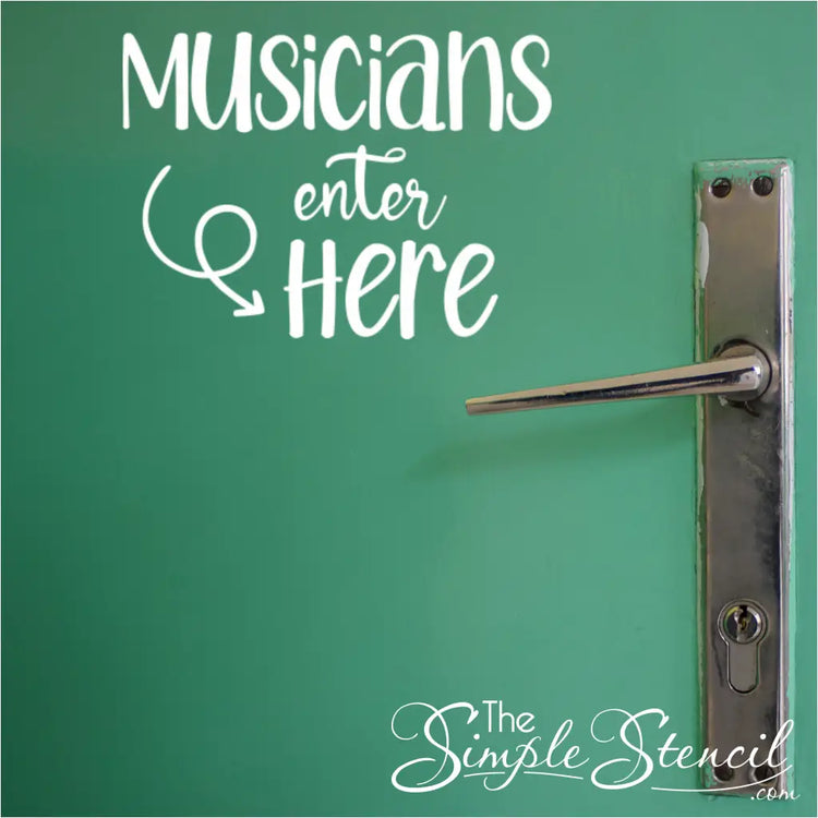 High-quality "Musicians Enter Here" vinyl decal in a customizable color decorates a music teacher's office door, offering a clear yet stylish way to welcome students and musicians.