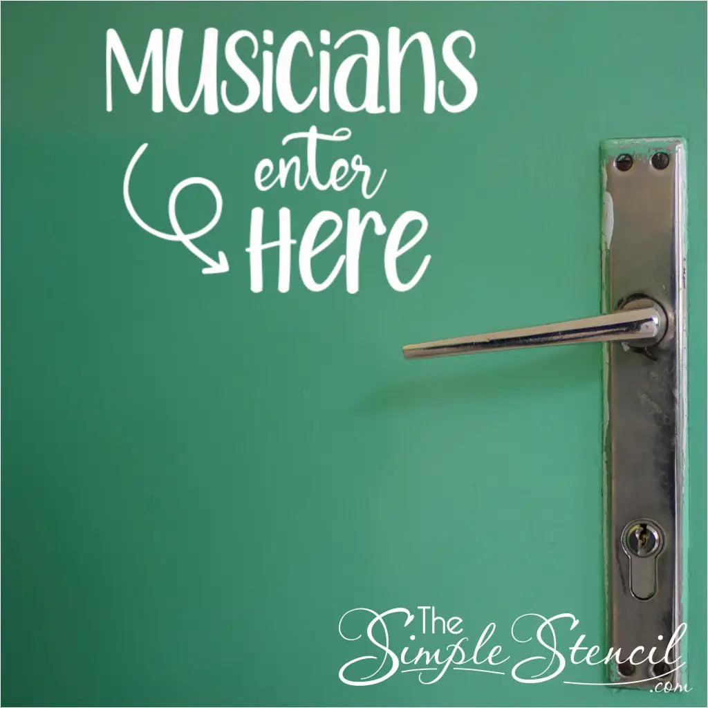 High-quality "Musicians Enter Here" vinyl decal in a customizable color decorates a music teacher's office door, offering a clear yet stylish way to welcome students and musicians.