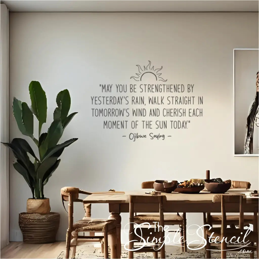 The Ojibwe saying wall art displayed in a modern dining room next to a large plant and a framed portrait of a Native American person.