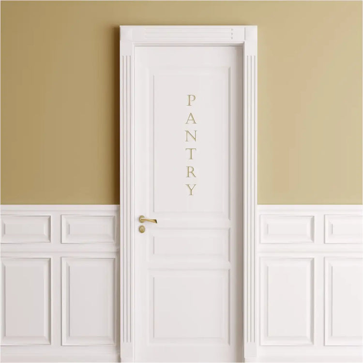Vertical Style Pantry Door Decal applied to a pretty white door in a neutral color makes finding the kitchen essentials easy!