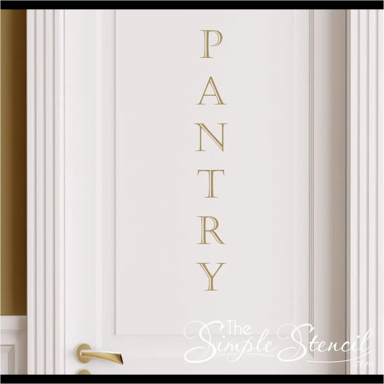 Close up of a pretty PANTRY door decal by The Simple Stencil showing the charming by simple lettering looks so elegant on a simple white door.