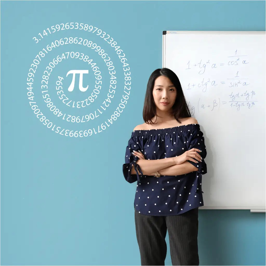 Pi symbol wall decal with the first 144 digits of Pi.
Educational wall decal for math classrooms featuring the Pi symbol and its digits.