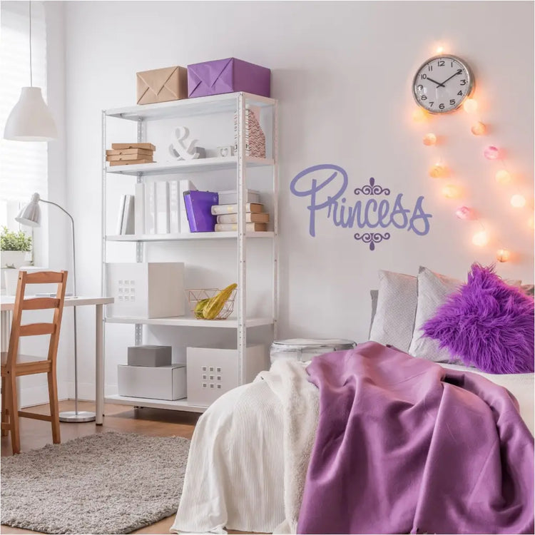 Princess wall decal art by The Simple Stencil shown on a beautiful teen girl's bedroom wall in purple and light purple combination.