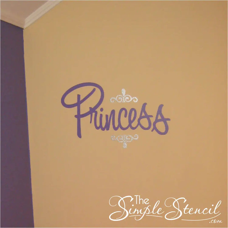 Customer supplied picture of our Princess decal design using purple and silver colors to compliment her daughters fairy tale themed bedroom.