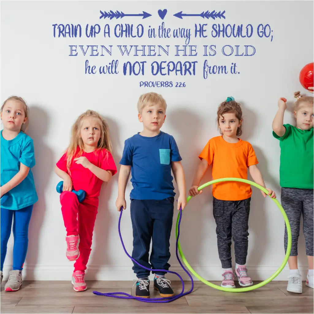 "Train Up a Child in the Way He Should Go" Proverbs 22:6 wall decals in various sizes and color combinations displayed in a brightly lit church nursery, a cozy home living room, and a Sunday school classroom. By The Simple Stencil