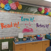 Read it, Love it, Return it. - Large library bulletin board display idea to encourage reading and returning books. Includes book, stars and heart graphics and customized in your own color combinations and sizes to match your library decor perfectly. Exclusive design by TheSimpleStencil.com to make Librarian jobs easier!