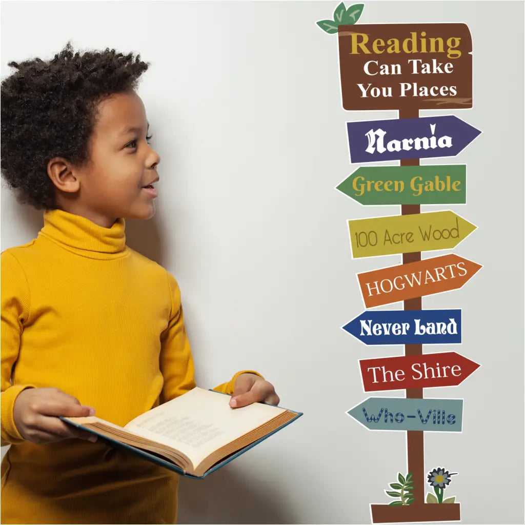 Cute book destination with arrows wall decal display for library or classroom walls to encourage reading in young children. Destination sign arrows point to Narnia, Hogwarts, Never Land, The Shire, Green Gables, etc.