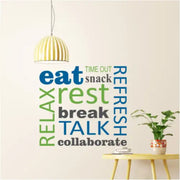 Words that promote rest and relaxation vinyl wall decals by The Simple Stencil work great in teacher's lounge or employee break rooms.