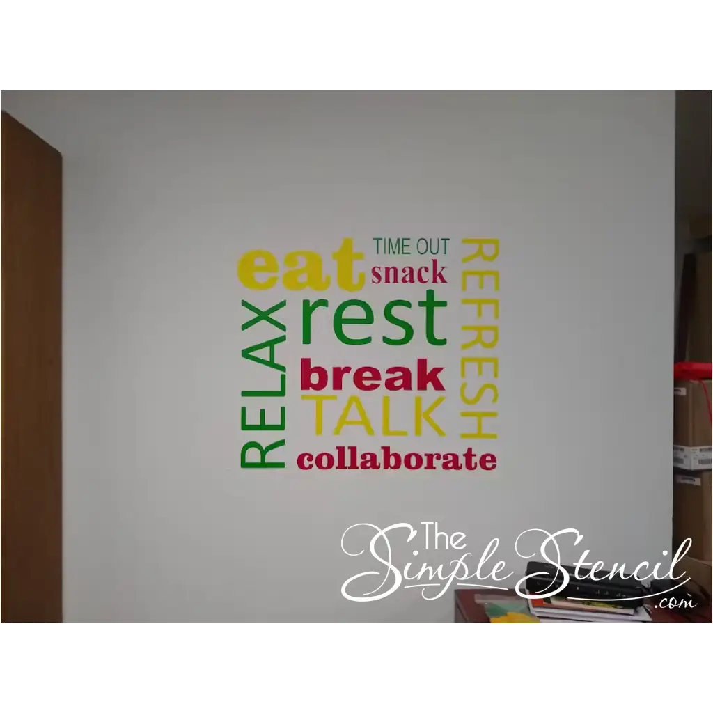 Colorful vinyl wall decal shown on employee break room wall in bright cheerful colors to help employees take a break and relax - Design and decal supplied by The Simple Stencil