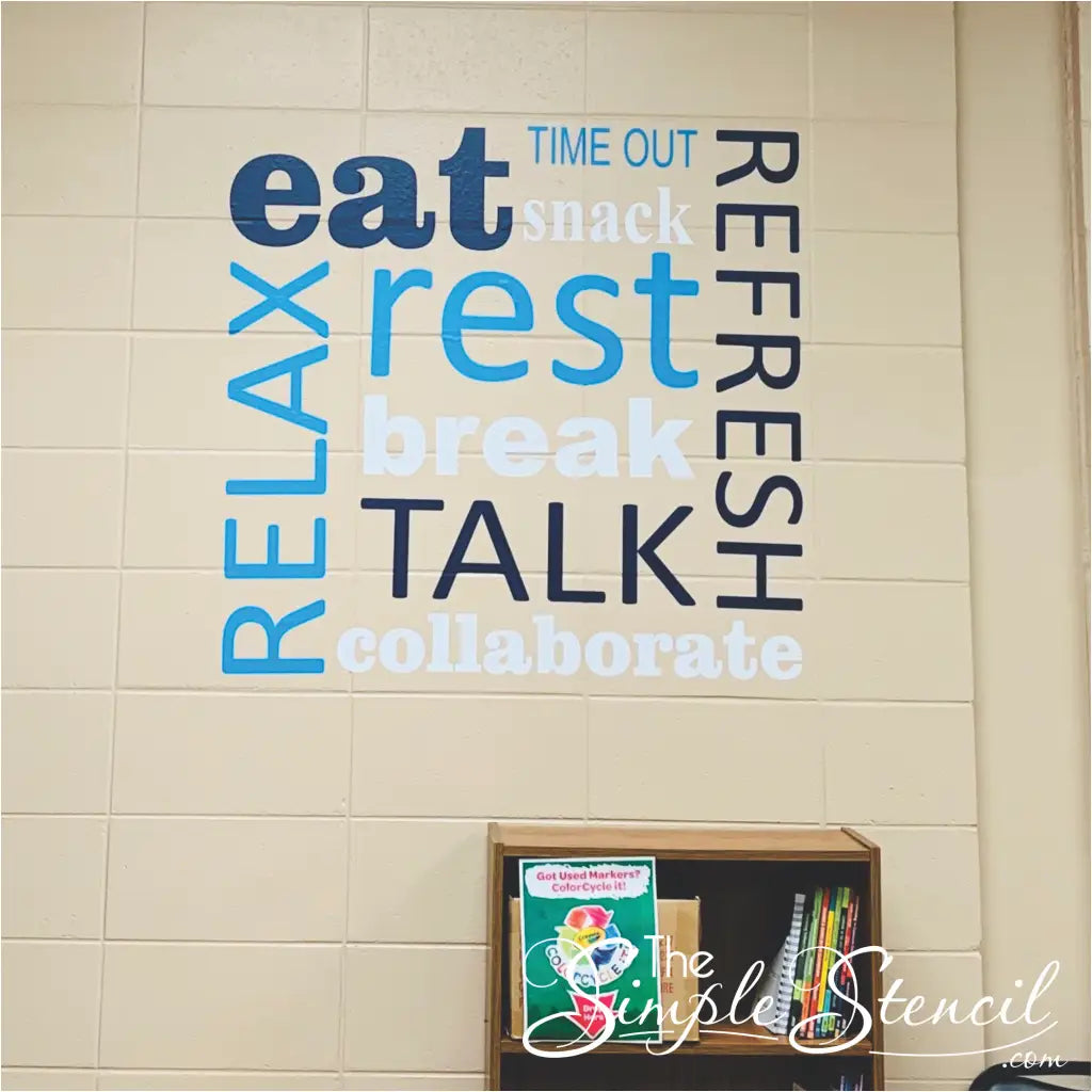 Relaxing wall words by The Simple Stencil applied to concrete block wall in a school environment.