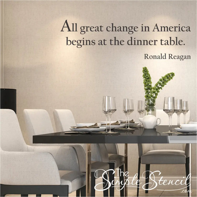Ronald Reagan quote wall art displayed in a formal dining room setting.