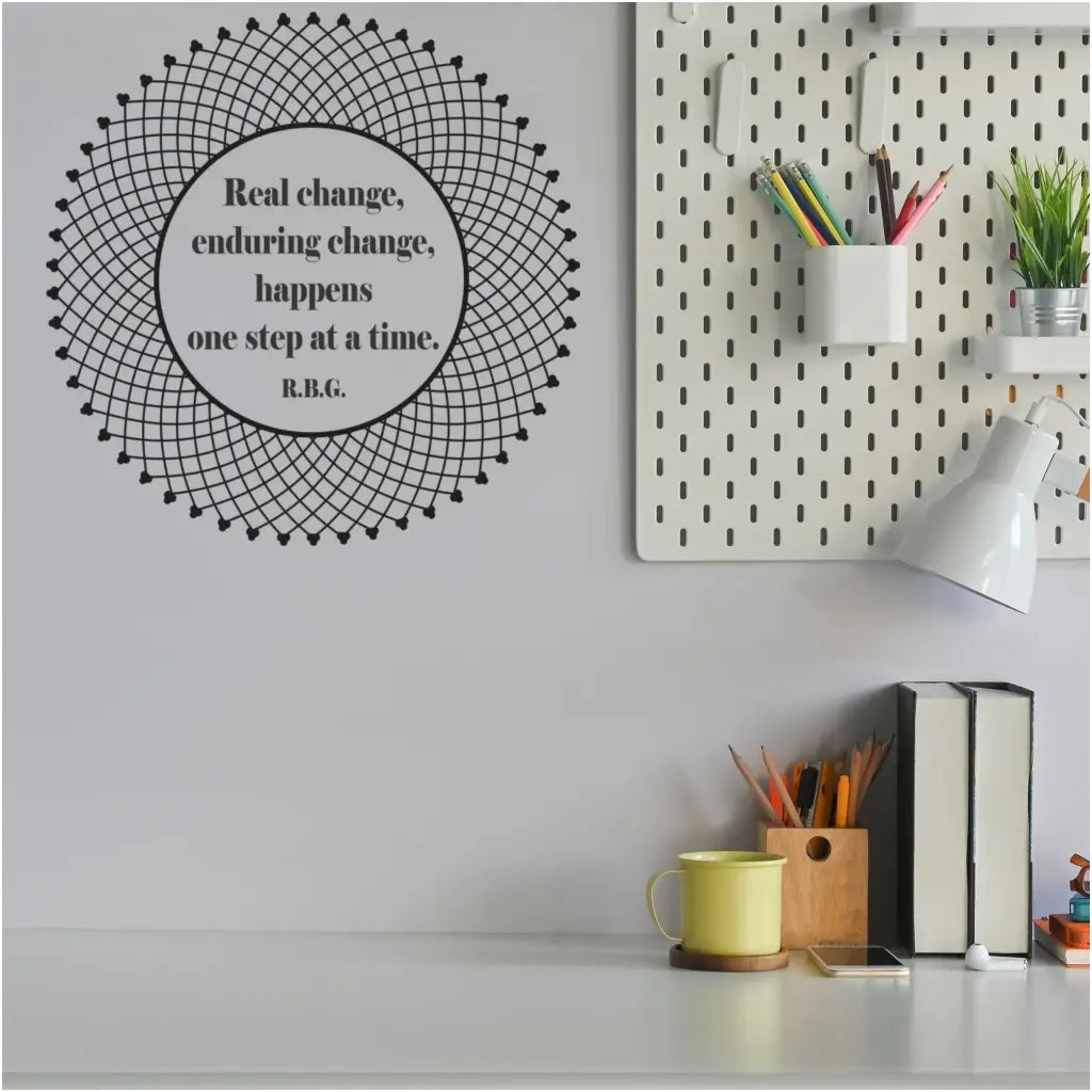 Real Change quote by RBG as an inspirational wall decal with Ginsburg collar pattern