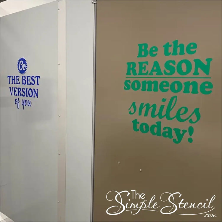 Restroom Kindness Decals for Schools Customer supplied pictures showing decals installed on restroom wall and stall door in the primary colors package. Designs and decals provided by The Simple Stencil
