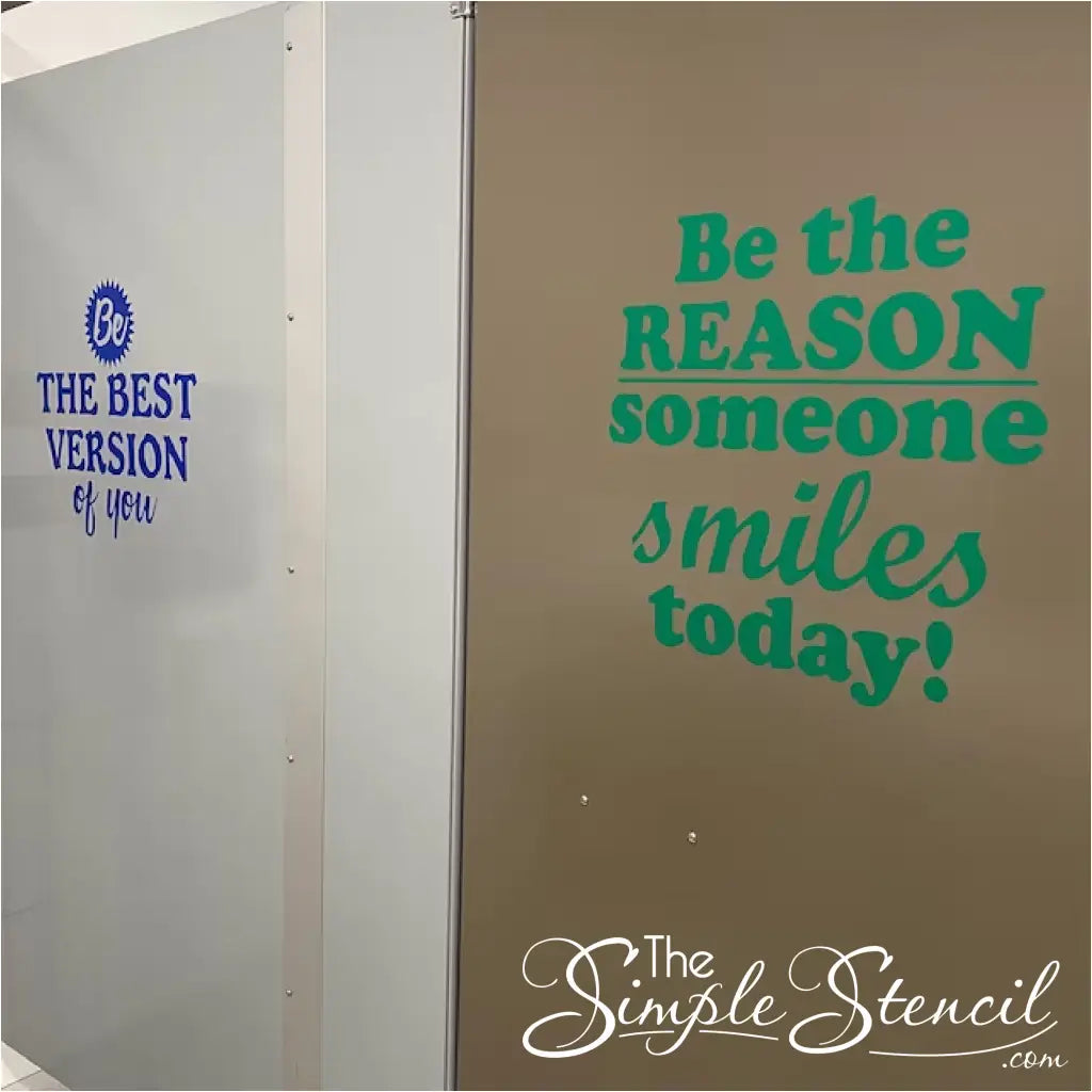 Restroom Kindness Decals for Schools Customer supplied pictures showing decals installed on restroom wall and stall door in the primary colors package. Designs and decals provided by The Simple Stencil