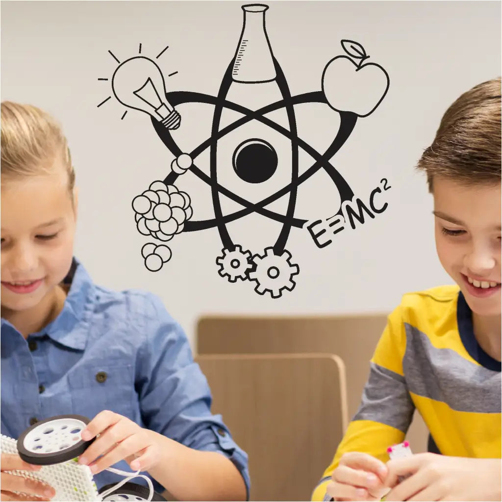Colorful atom wall decal with protons, neutrons, and electrons labeled - educational science classroom decorations.