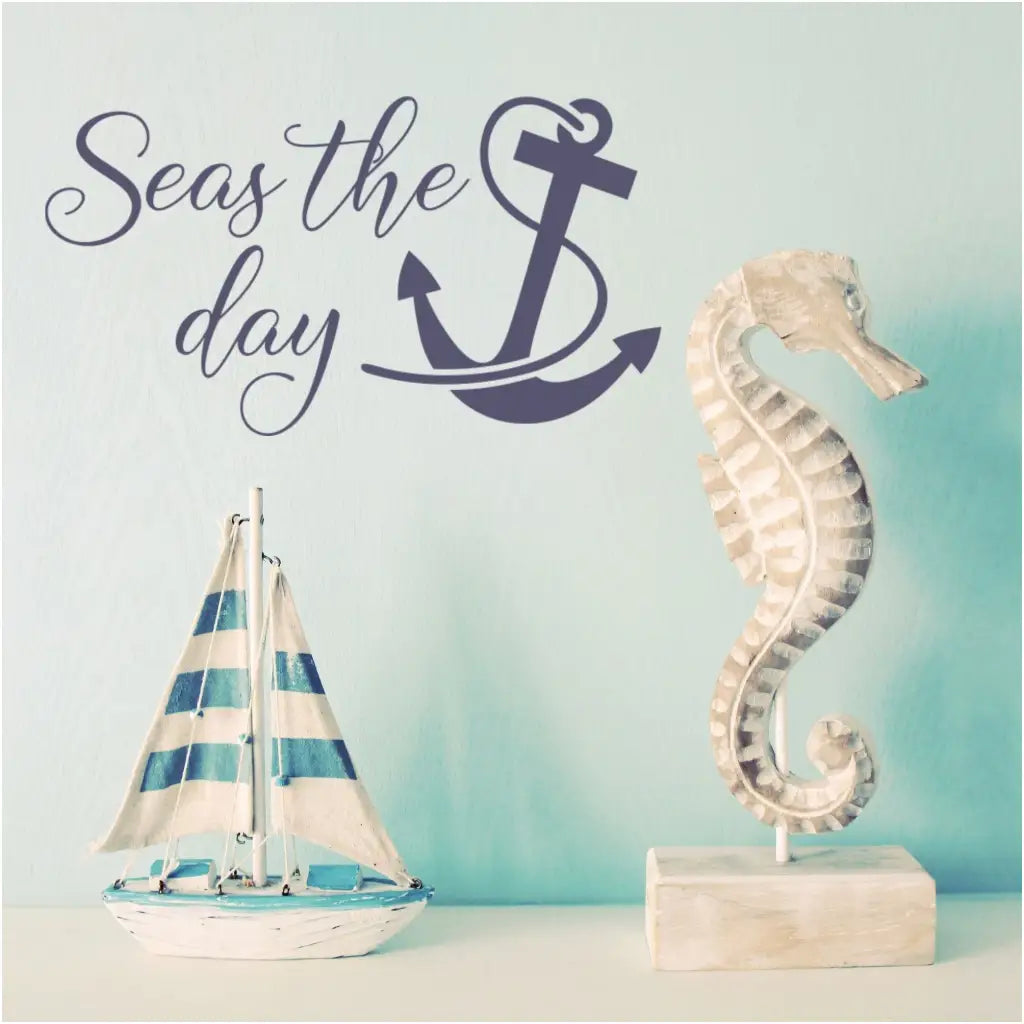 Seas the day wall decal art by The Simple Stencil includes an anchor graphic and applied to a nautical themed bathroom wall.  A great way to remind you to cease every moment, especially while you're at the beach!
