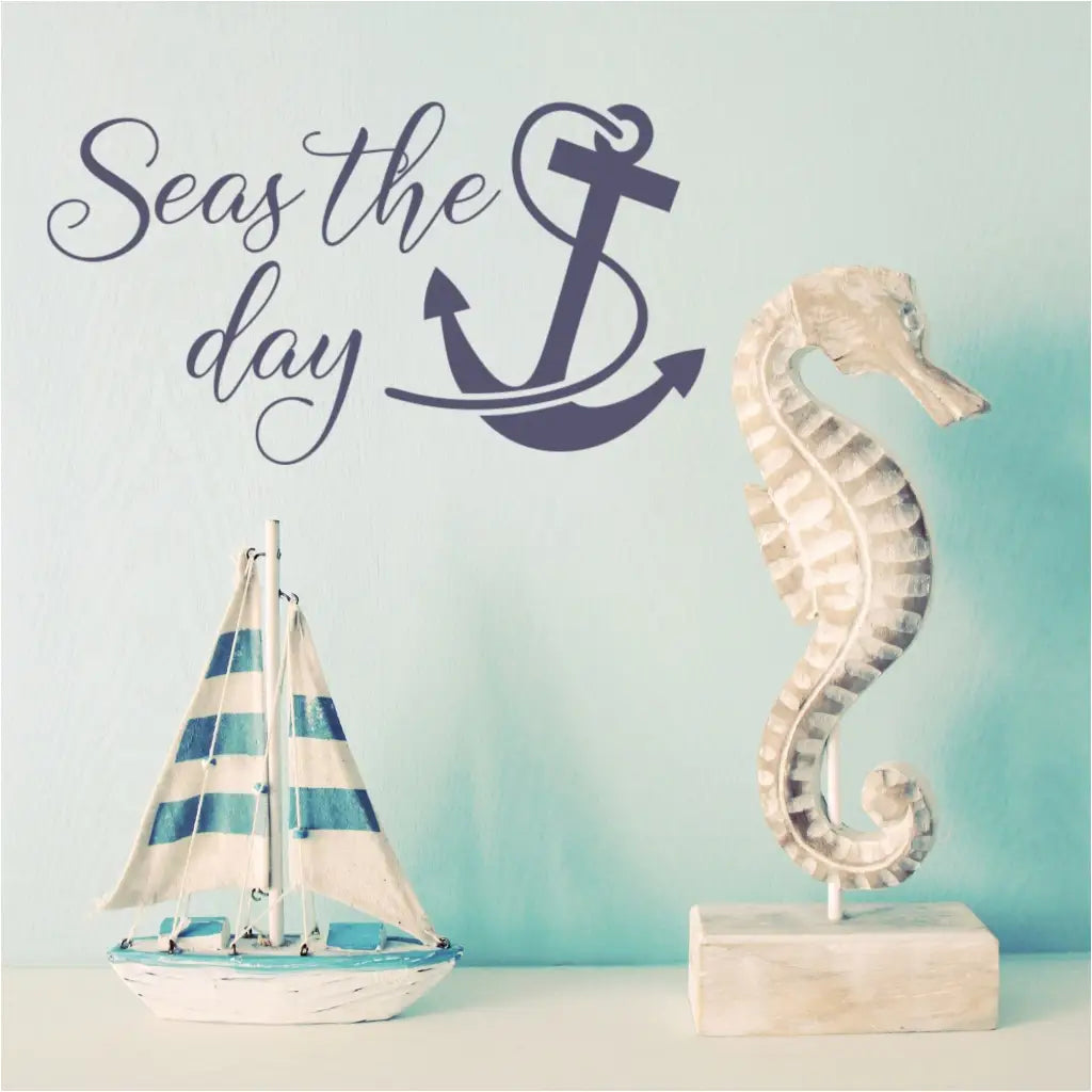 Seas the day wall decal art by The Simple Stencil includes an anchor graphic and applied to a nautical themed bathroom wall. A great way to remind you to cease every moment, especially while you're at the beach!