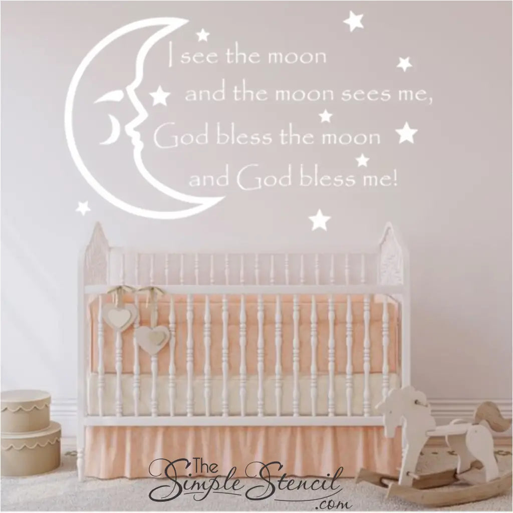 I see the moon and the moon sees me, God bless the moon and God bless me. Large vinyl wall quote decal by The Simple Stencil adorns a cute baby nursery wall.