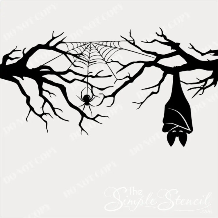 Black silhouette vinyl decal design of a gnarled tree branch, a spider web with a hanging spider, and a resting vampire bat, displayed on a watermarked background with 'TheSimpleStencil.com'. Copying of this design is not permitted.