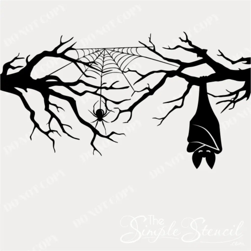 Black silhouette vinyl decal design of a gnarled tree branch, a spider web with a hanging spider, and a resting vampire bat, displayed on a watermarked background with 'TheSimpleStencil.com'. Copying of this design is not permitted.