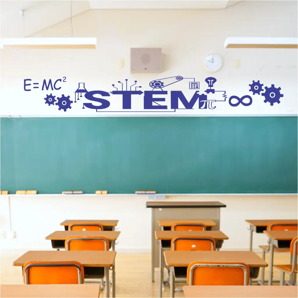 Extra large STEM vinyl wall decal to display in a stem classroom, a STEM school or along the hallway of a school where STEM classrooms are located to inspire and add color and creative displays to walls of your educational facility.