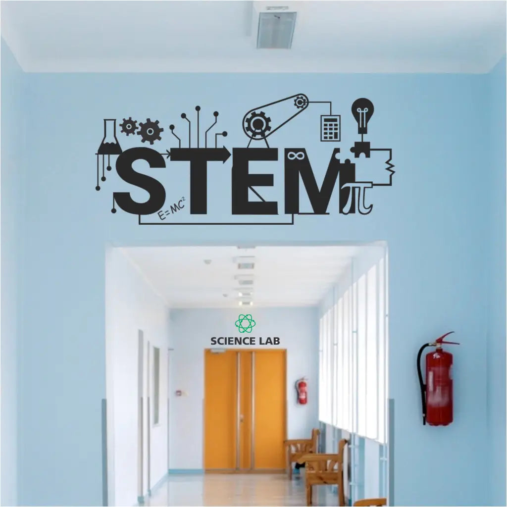 STEM - A creative wall decal display for school walls, hallways, doors, etc. to inspire and direct STEM students to classrooms, etc. Many sizes and colors to match school decor.