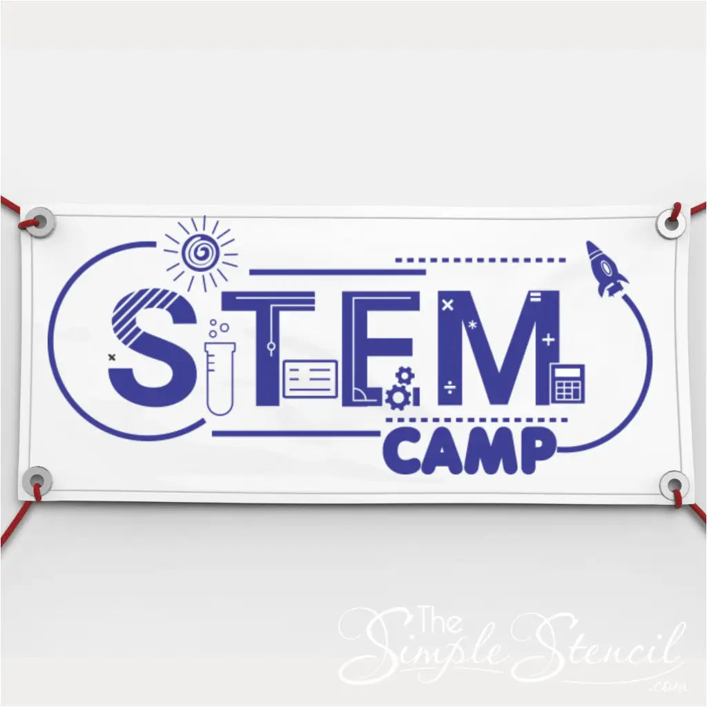 Eye-catching STEM SUMMER CAMP hanging banner adds vibrancy and motivates students to explore the exciting world of STEM during STEM based summer camp.
