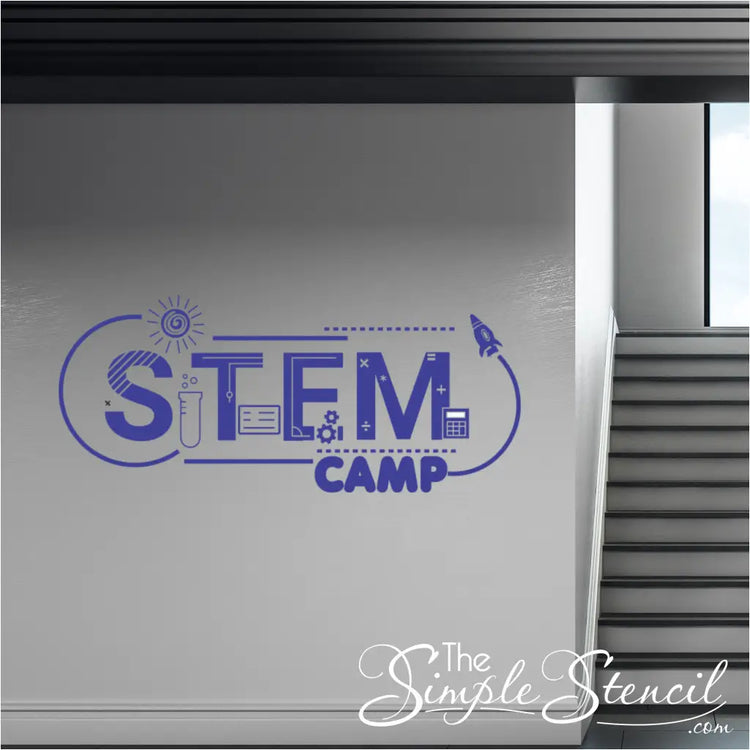 School hallways transformed! Fun STEM CAMP wall decal creates a dynamic learning environment that sparks curiosity and helps guide students to the camp location.