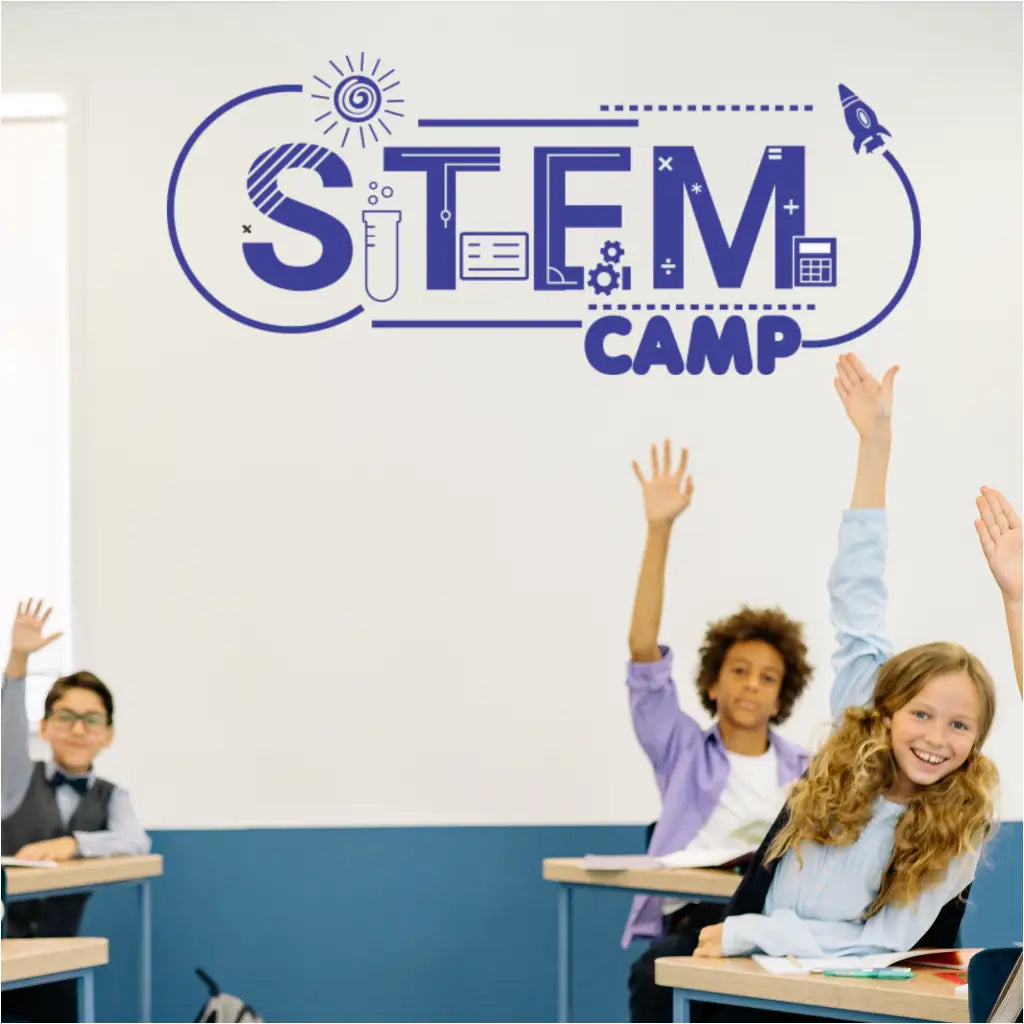 A popular choice for STEM summer camps! This bright and colorful STEM  CAMP wall decal inspires creativity and ignites a passion for science, technology, engineering, and math.
