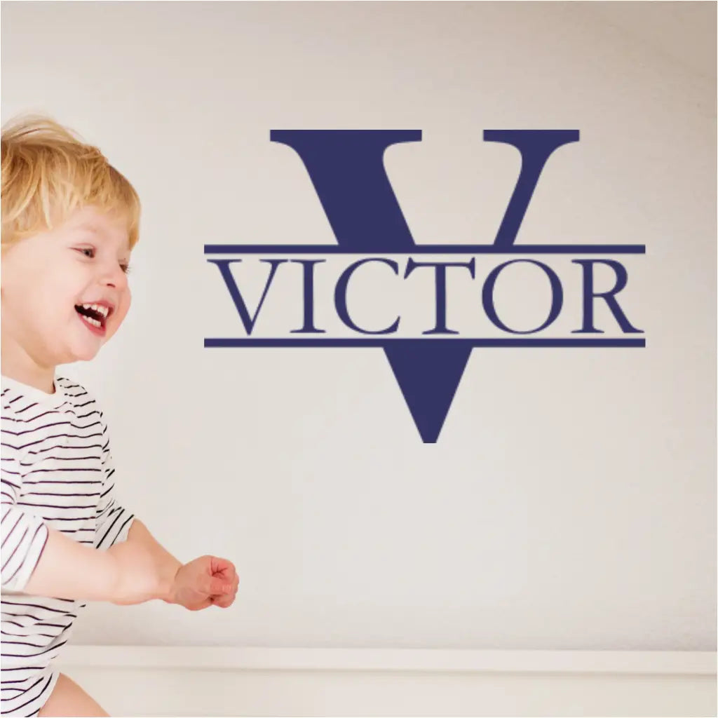 Cute vinyl wall decal for child's room displayed on a wall in a little boys room to decorate while also teaching his name spelling. So many options for this versatile design, many sizes and colors to choose from!