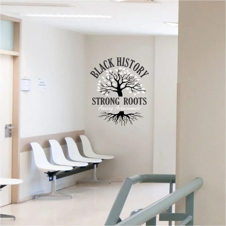 Educational wall display idea for Black History Month includes this easy to install decal of a flowing tree with a phrase Black History, Strong Roots, Amazing Achievements - By The Simple Stencil
