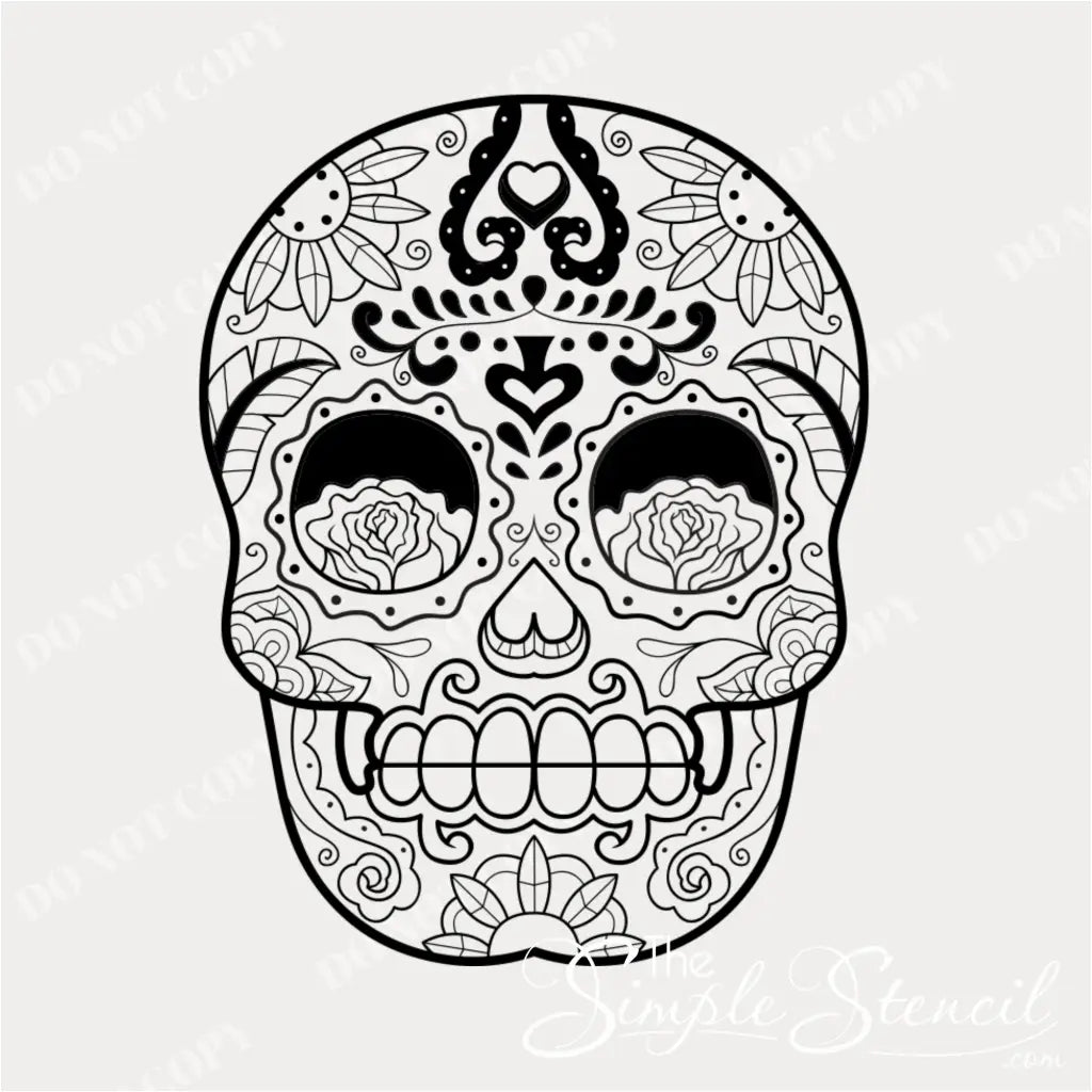 A close-up shot of the detailed black and white design of the sugar skull vinyl decal. By The Simple Stencil, no copying allowed.