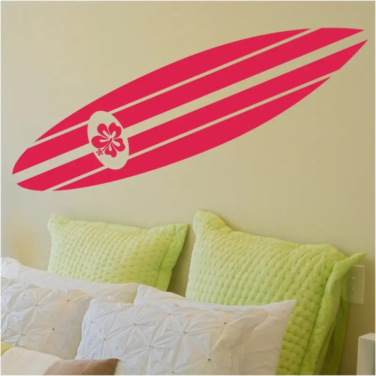 Large hibiscus decorated surfboard wall decal for any beach inspired or nautical themed decor. Popular choice for a beach themed bedroom wall..