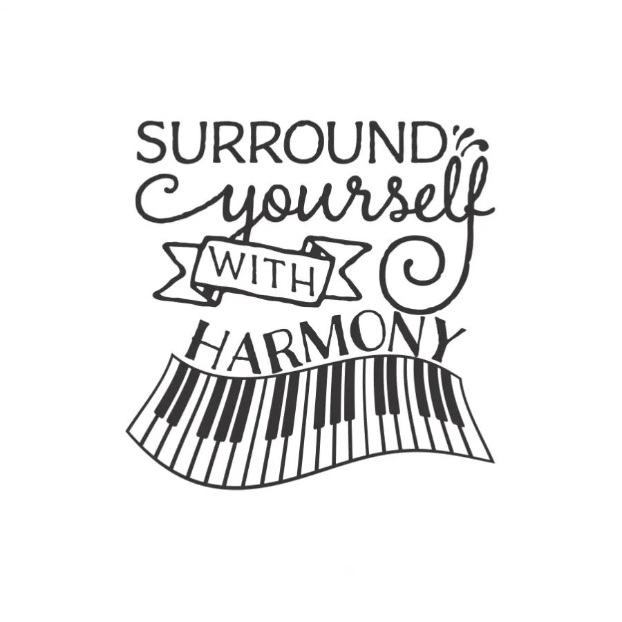 A motivational "Surround Yourself with Harmony" vinyl decal featuring a keyboard graphic adds a touch of musical flair to a personal music studio, encouraging creativity and relaxation for musicians of all levels.