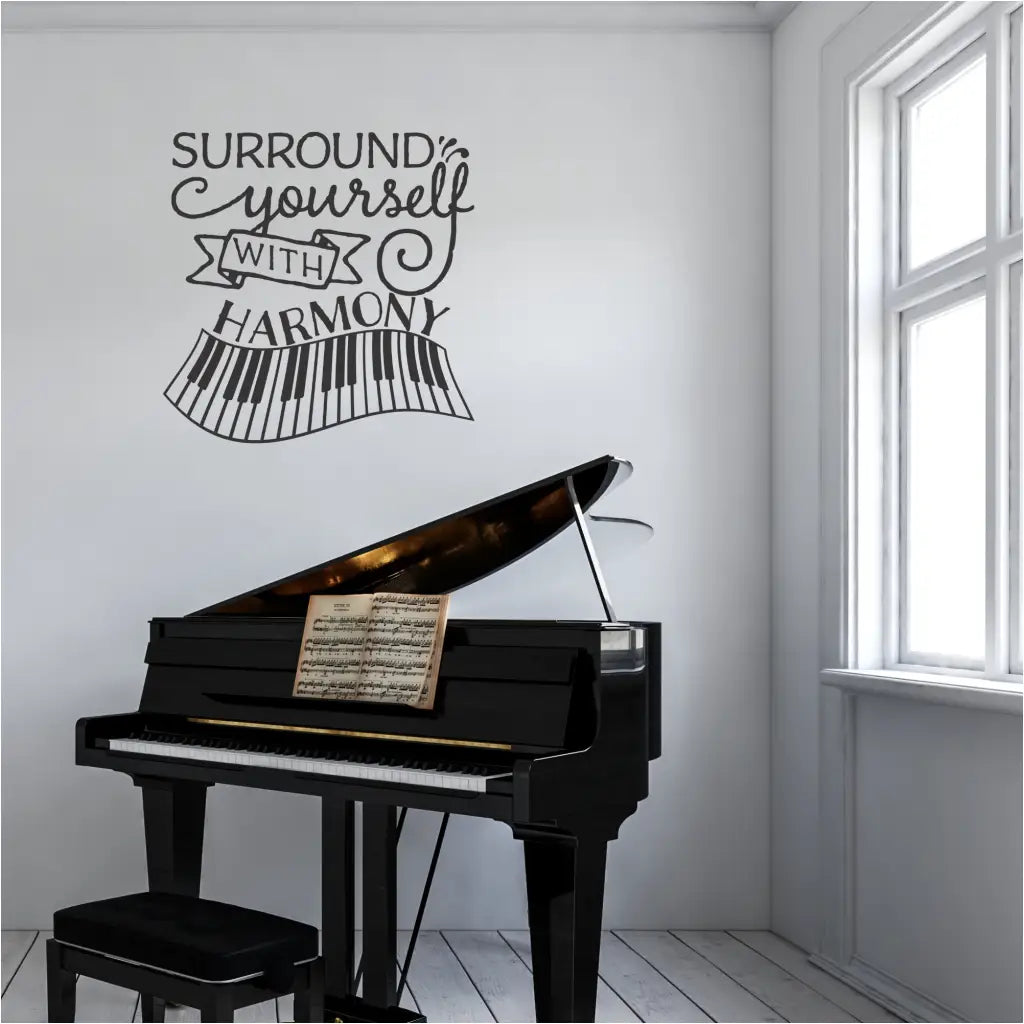 A vibrant "Surround Yourself with Harmony" vinyl decal featuring a keyboard graphic brightens the entrance of a school band room, inspiring young musicians and creating a welcoming atmosphere.