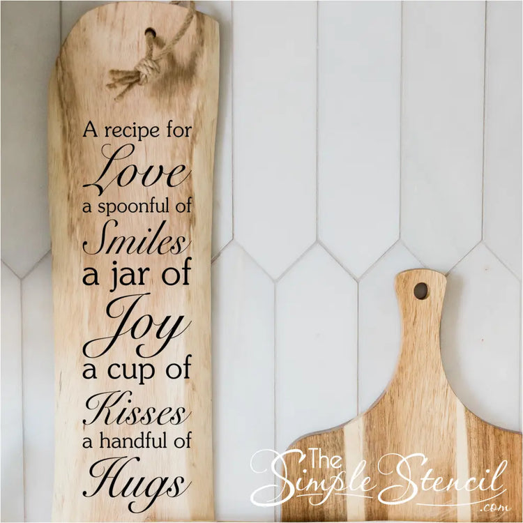 "Recipe for Love" decal used as a cute accent on a hanging narrow cutting board.