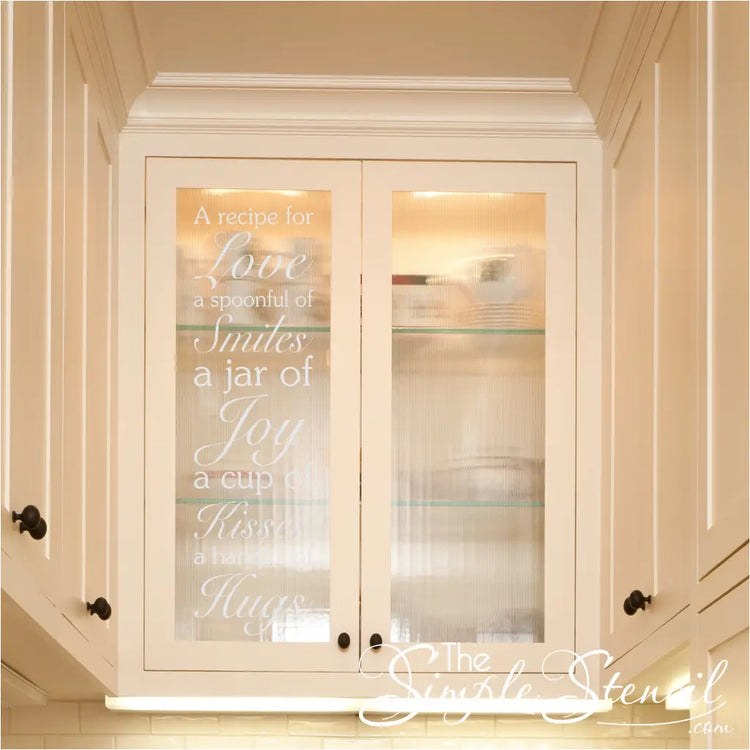 "Recipe for Love" decal used as an adorable display on a glass cabinet door.