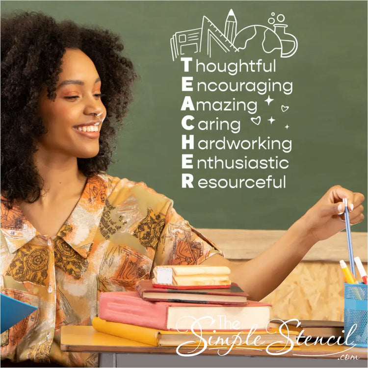 TEACHER acronym wall decal in white on a classroom wall, featuring a graphic of learning-inspired materials.