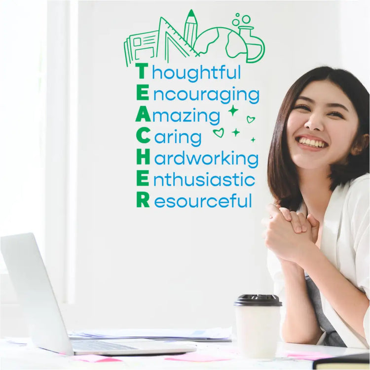 The TEACHER acronym wall decal applied above a teacher's desk.
