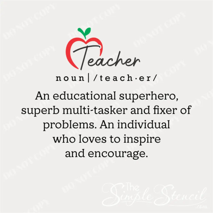 Close-up of the "Teacher" definition with the apple graphic on the wall decal.
