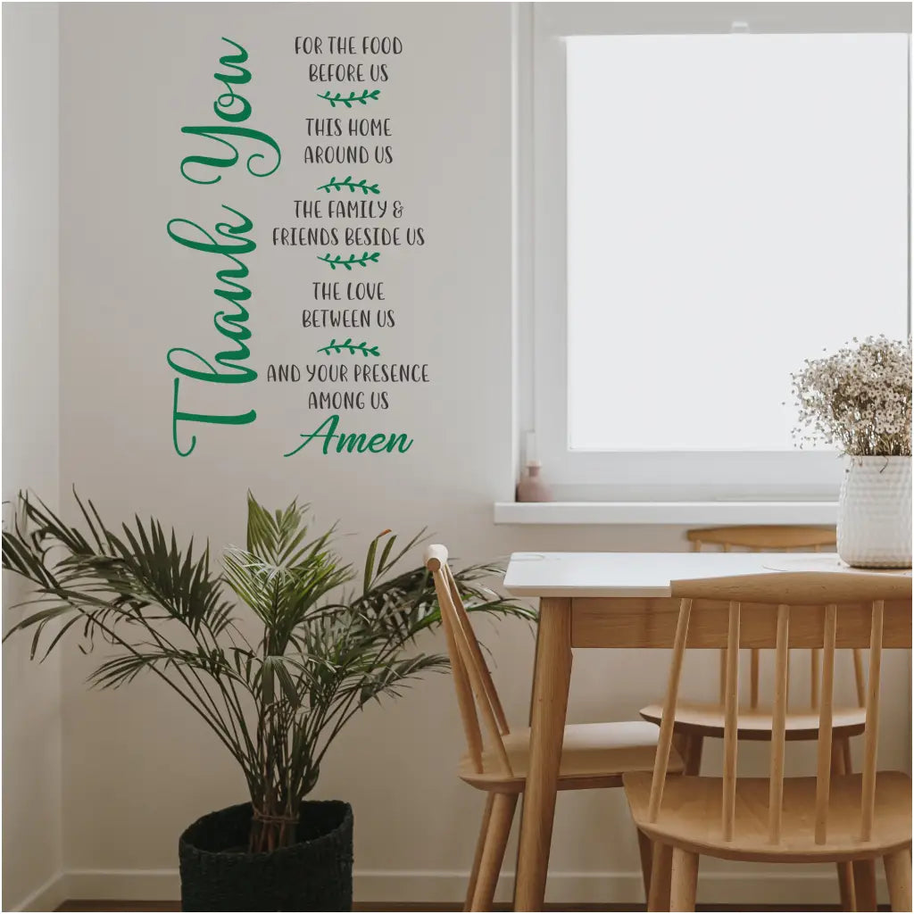 "Thank you for the food before us" vinyl wall decal, adding a touch of warmth and inspiration to your Thanksgiving dining room décor.