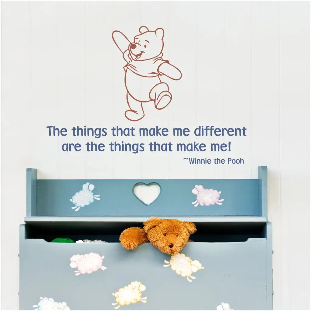 An adorable wall decal for a child's playroom that includes Winnie the pooh graphic. Reads: The things that make me different are the things that make me!