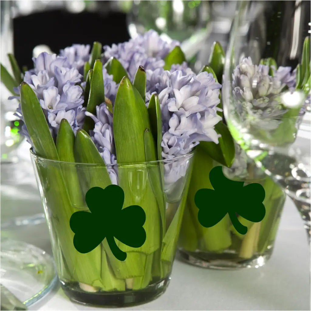 3 leaf clover decals from The Simple Stencil applied to glass vase during a march wedding to add an element of Irish heritage to their wedding day.
