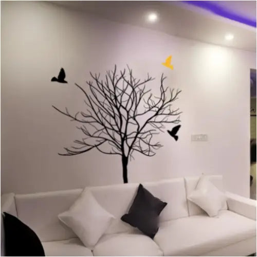 A bare winter tree with three high flying birds turned into a vinyl wall decal you can display in your home or office.