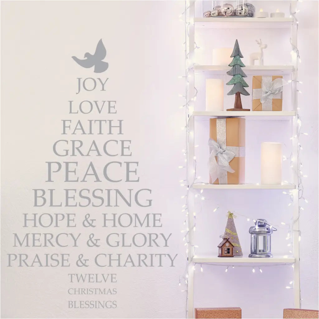 Twelve Christmas Blessings with word art shaped like a Christmas Tree that reads: Joy, Love, Faith, Grace, Blessing, Hope & Home, Mercy & Glory, Praise & Charity. in the shape of a Christmas tree makes this the perfect solution for holiday decorating.