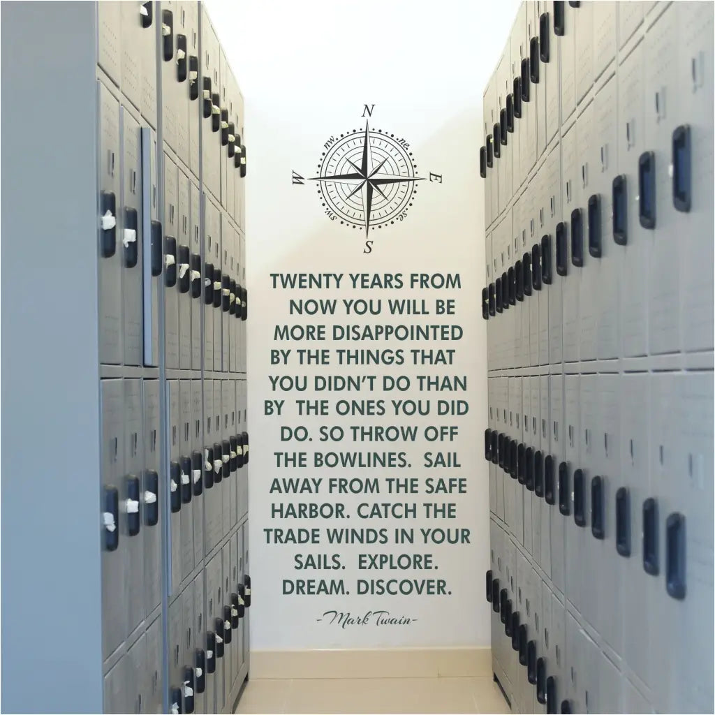 Mark Twain Inspirational wall decal Explore, Dream, Discover. Includes a compass decal graphic to create a motivational display in your school, office, etc.