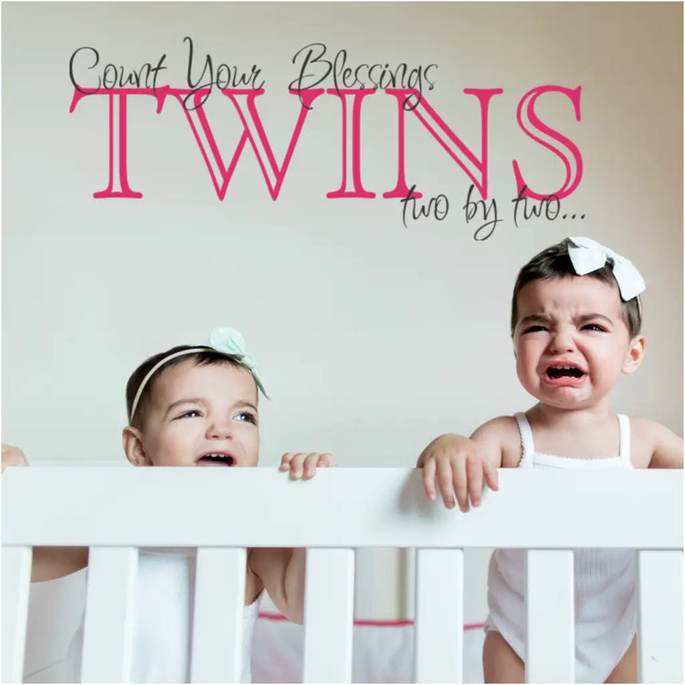 Twins - count your blessings two by two - Vinyl wall decal display over a crib with a set of twins | The Simple Stencil Wall Decals & Decor