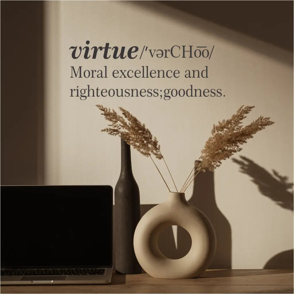 Virtue Definition Wall Decal applied on a living room wall, displayed above a home work space with other design elements to compliment this wall decal design.